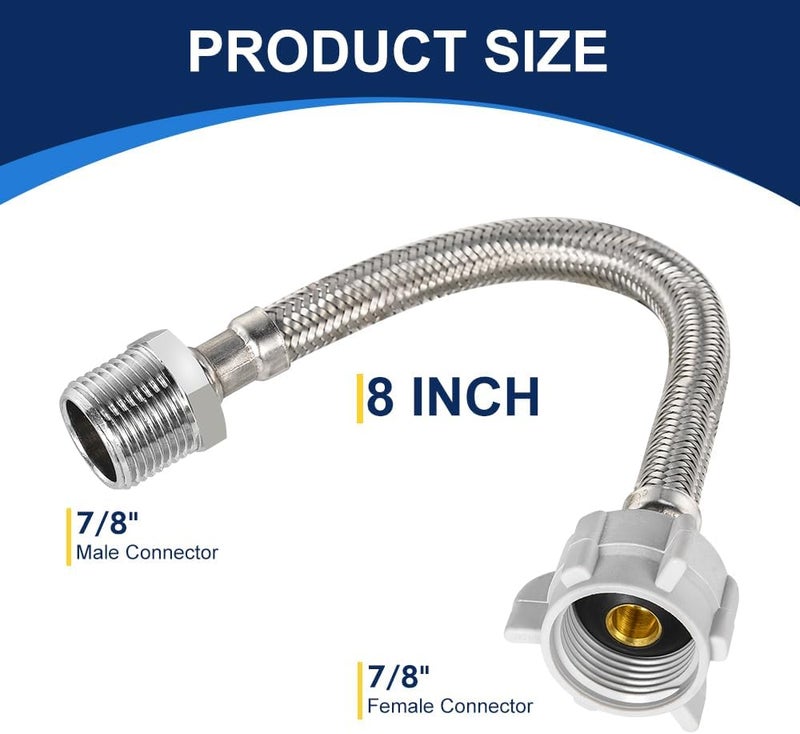 PLUMBINGMASTER 8 Inch Flexible Toilet Connector Extension, 7/8 female x 7/8 male Hose Adapter, Stainless Steel Braided Hose to Toilet Tank Compatible,1 pcs - Image 3